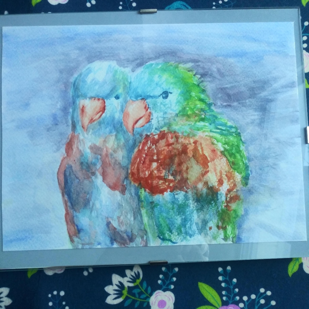 Parrots Original Watercolor Painting Wall Art Love Birds Handmade Artisan - Picture 4 of 10